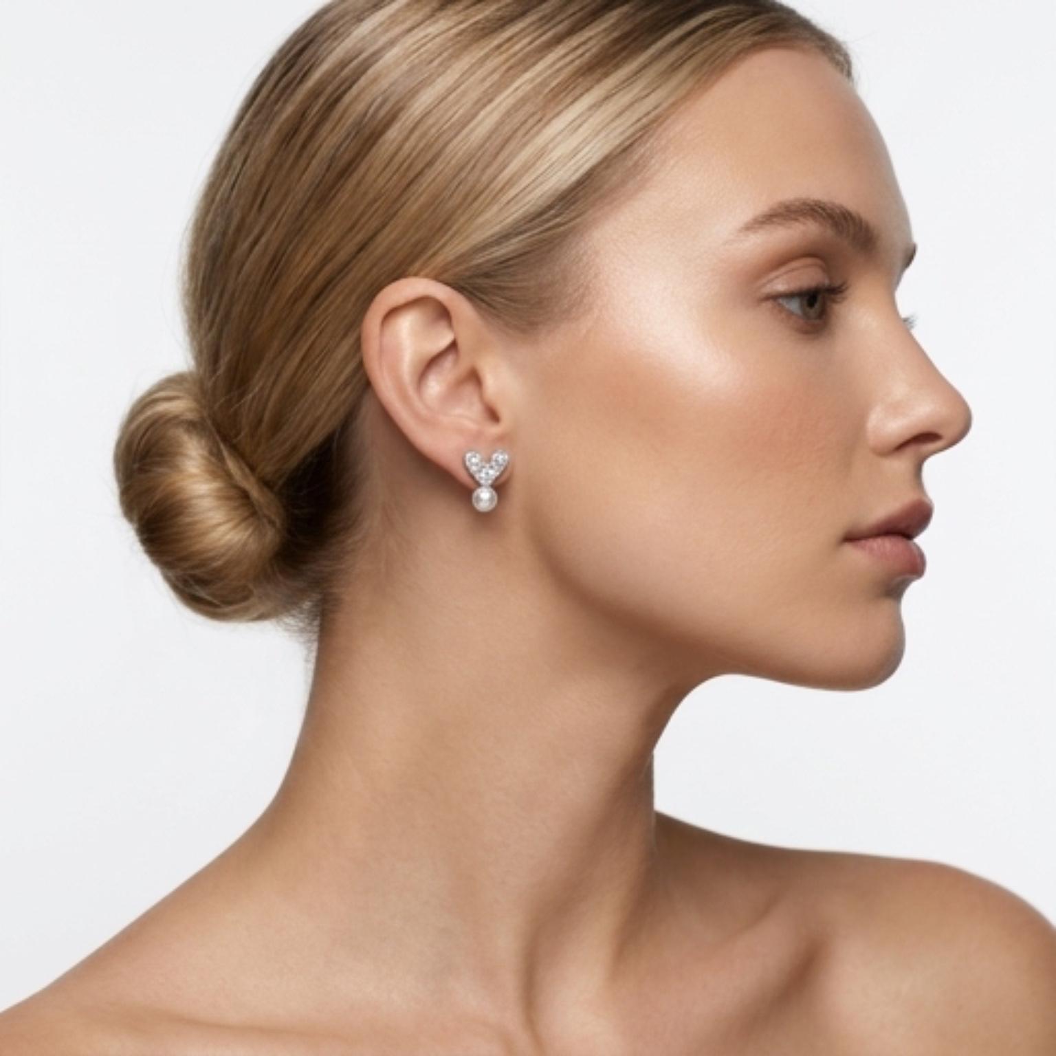 Sparkling Heart Pearl Stud Earrings