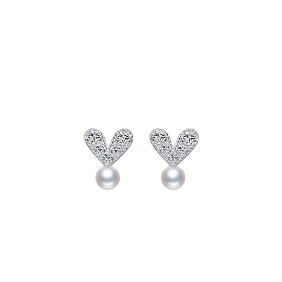 Sparkling Heart Pearl Stud Earrings