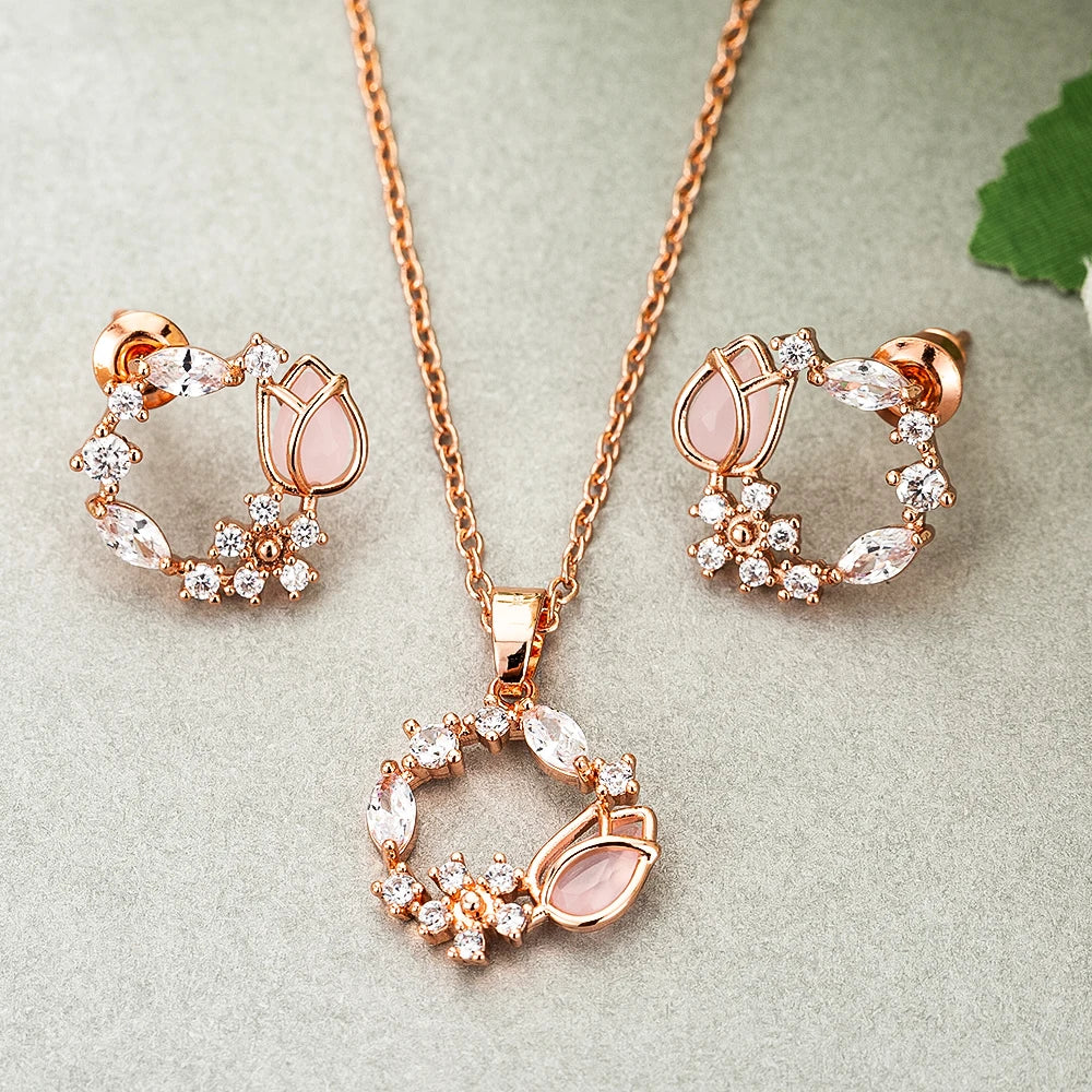 Rose Gold Necklace Earrings Jewelry Sets