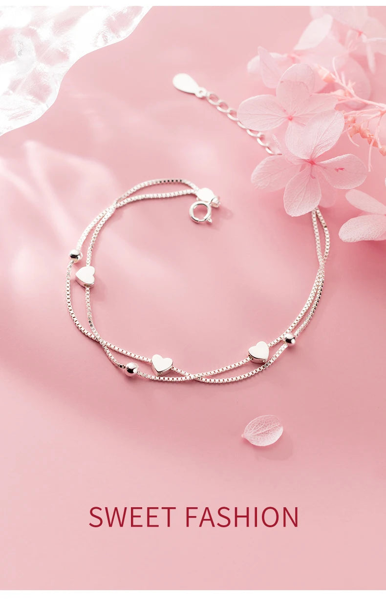 925 Sterling Silver Little Balls Love Hearts Bracelet