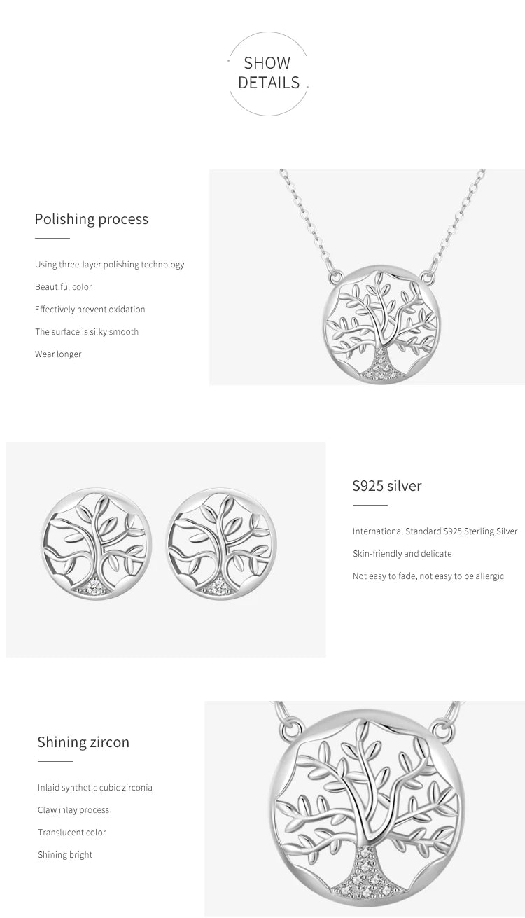 925 Sterling Silver Charm Tree Of Life Earrings Necklaces Jewelry Set