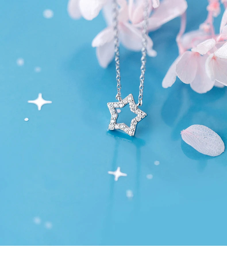 925 Sterling Silver Sparkling Lovely Little Star  Necklace