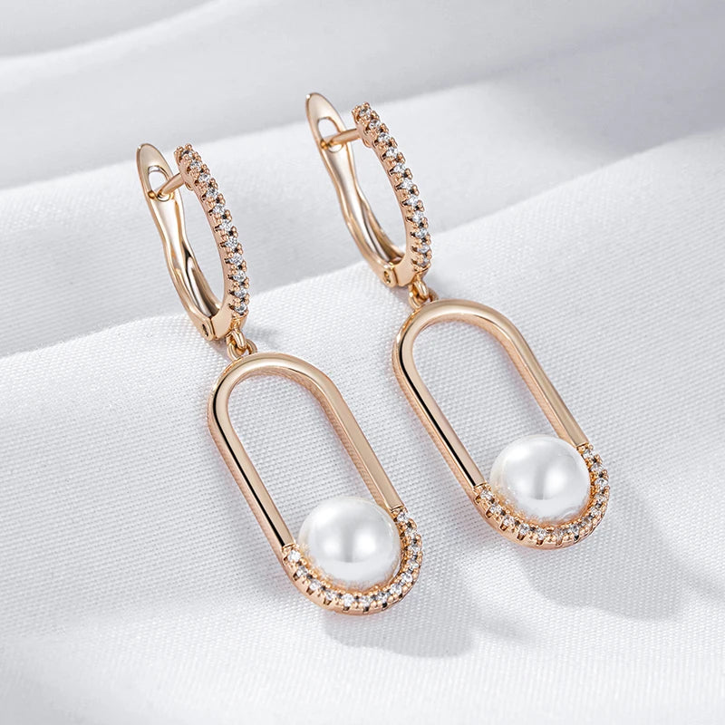 Luxury  Rose Gold Pearl Long Drop Earrings