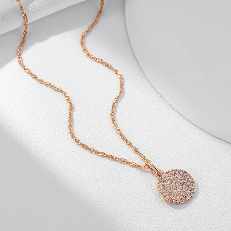 Full White Zircon Coin Round Pendant Gold Color Wave Chain Necklace