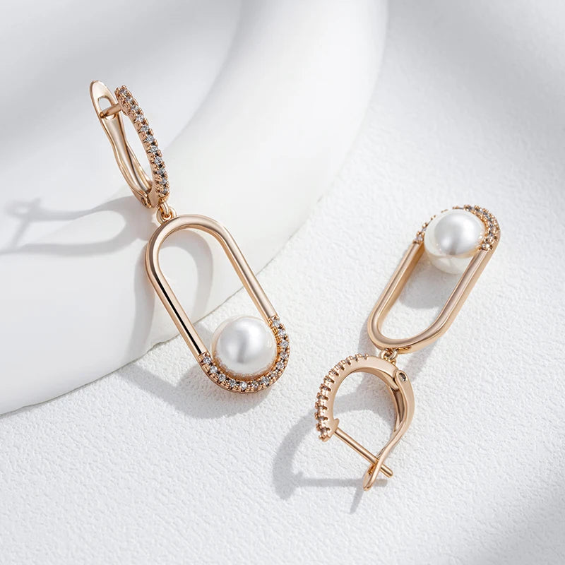 Luxury  Rose Gold Pearl Long Drop Earrings