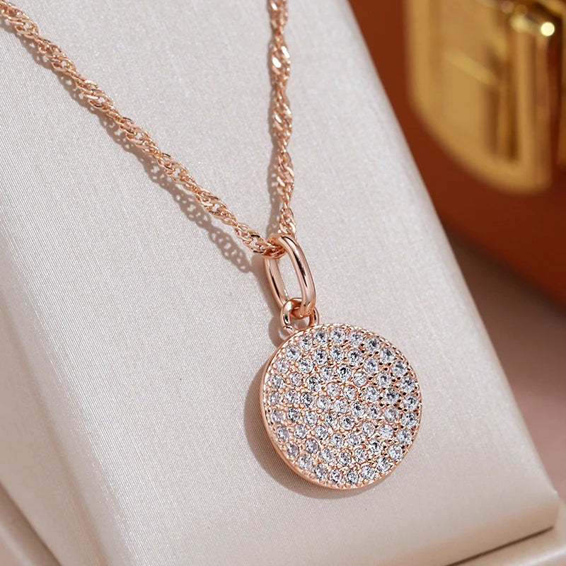 Full White Zircon Coin Round Pendant Gold Color Wave Chain Necklace