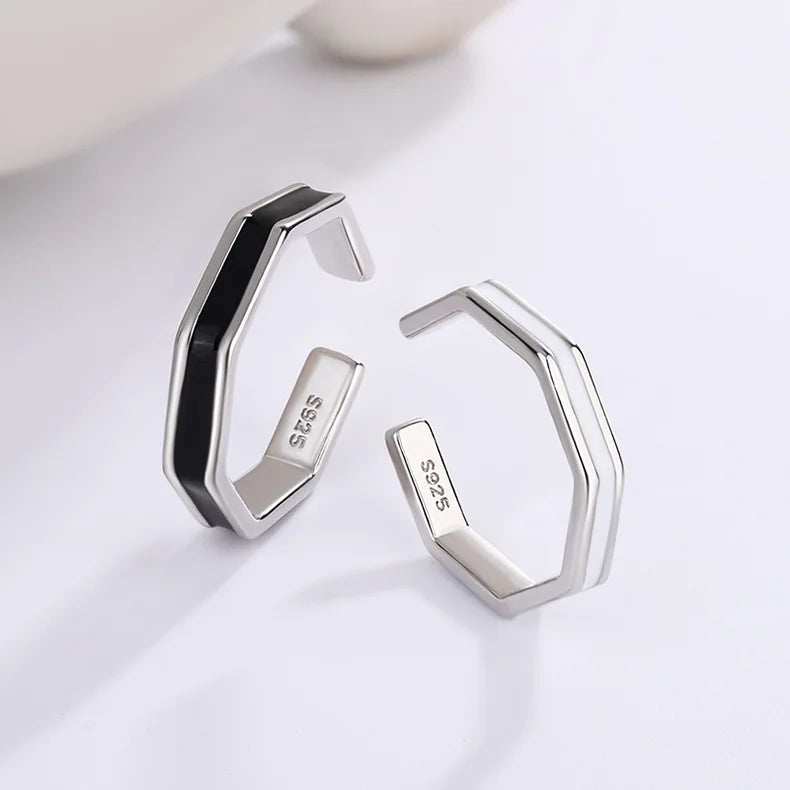 Sterling Silver Linetype Black White Adjustable Rings