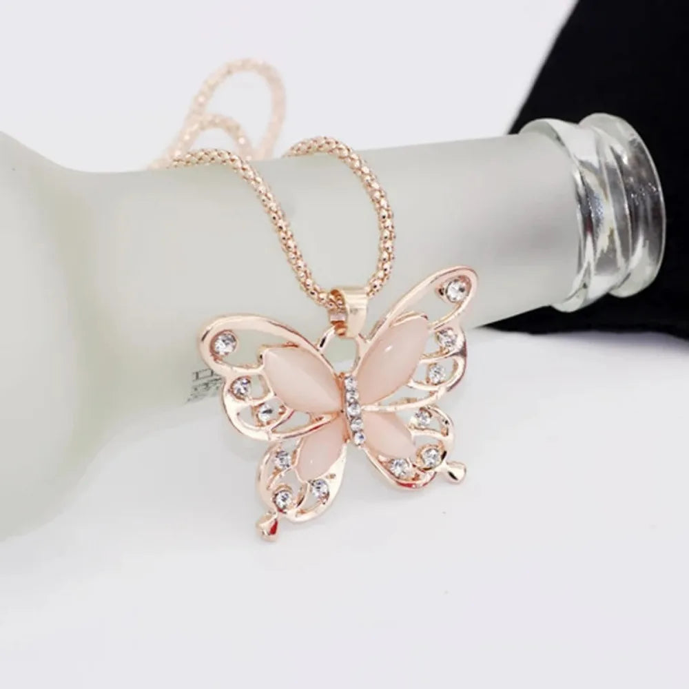 Necklace Choker Pendent Rose Gold Color Opal Butterfly Pendant