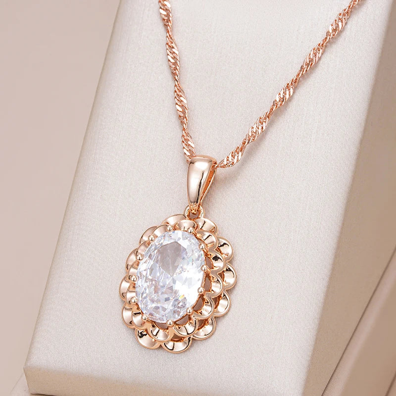 585 Rose Gold Color Crystal Flower Pendant Necklace