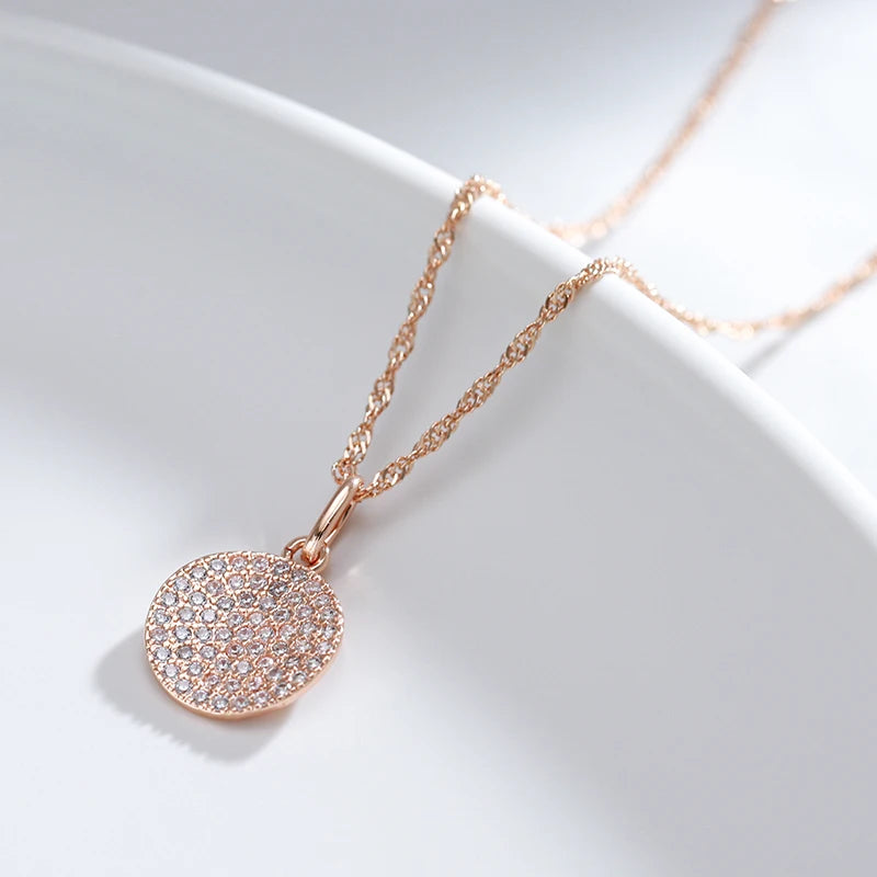 Full White Zircon Coin Round Pendant Gold Color Wave Chain Necklace