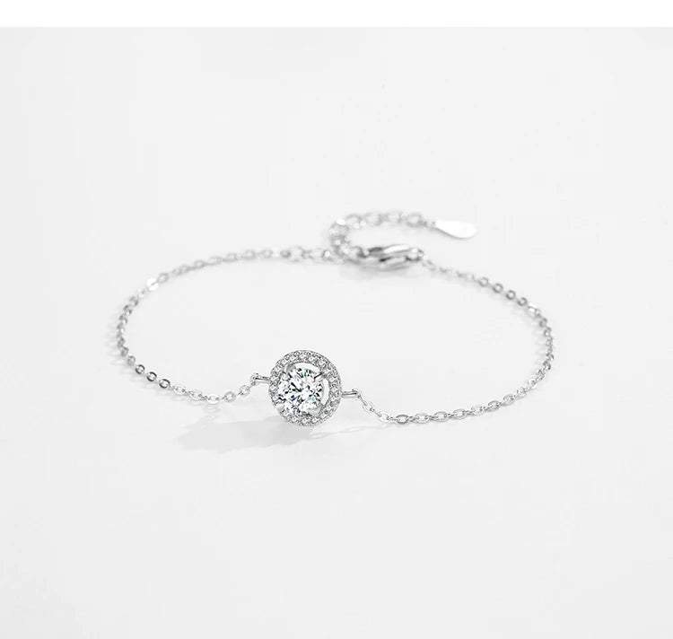 925 Sterling Silver Round Sparkling CZ Link Chain Charm Bracelet