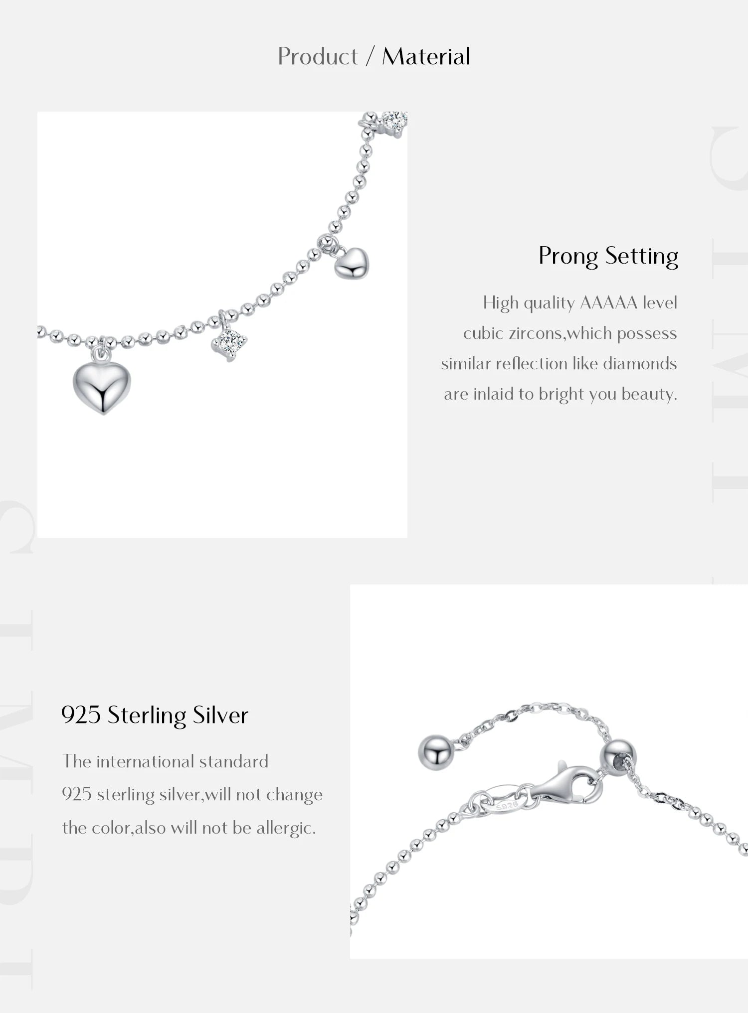 925 Sterling Silver Delicate Mirror Hearts Bracelet