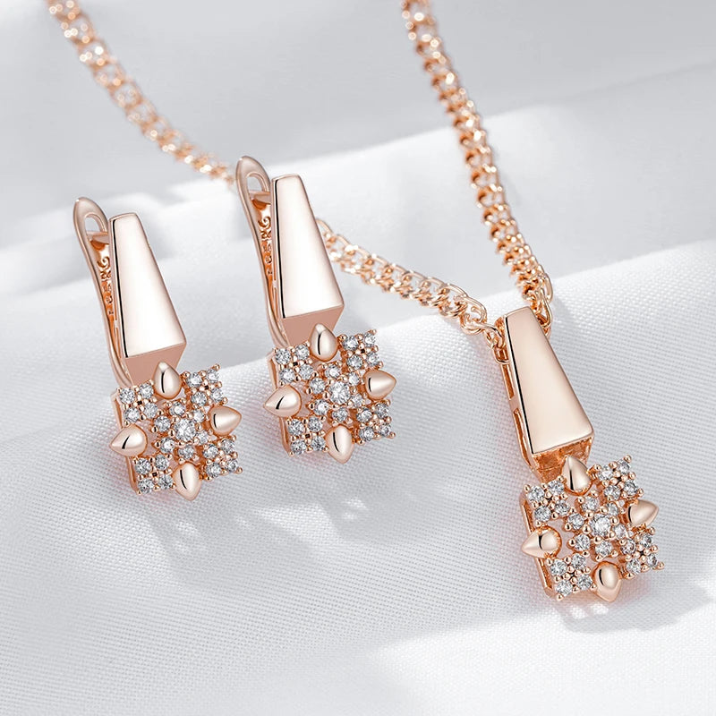 585 Rose Gold Color Crystal Flower Drop Jewelry Sets