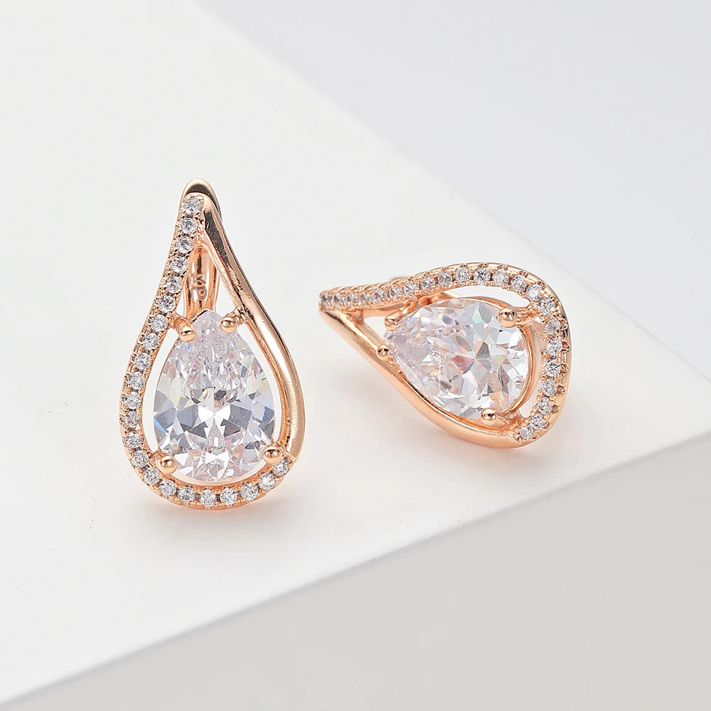 Crystal Zircon Earrings Luxury Inlaid Rhinestones Copper Rose Gold Color