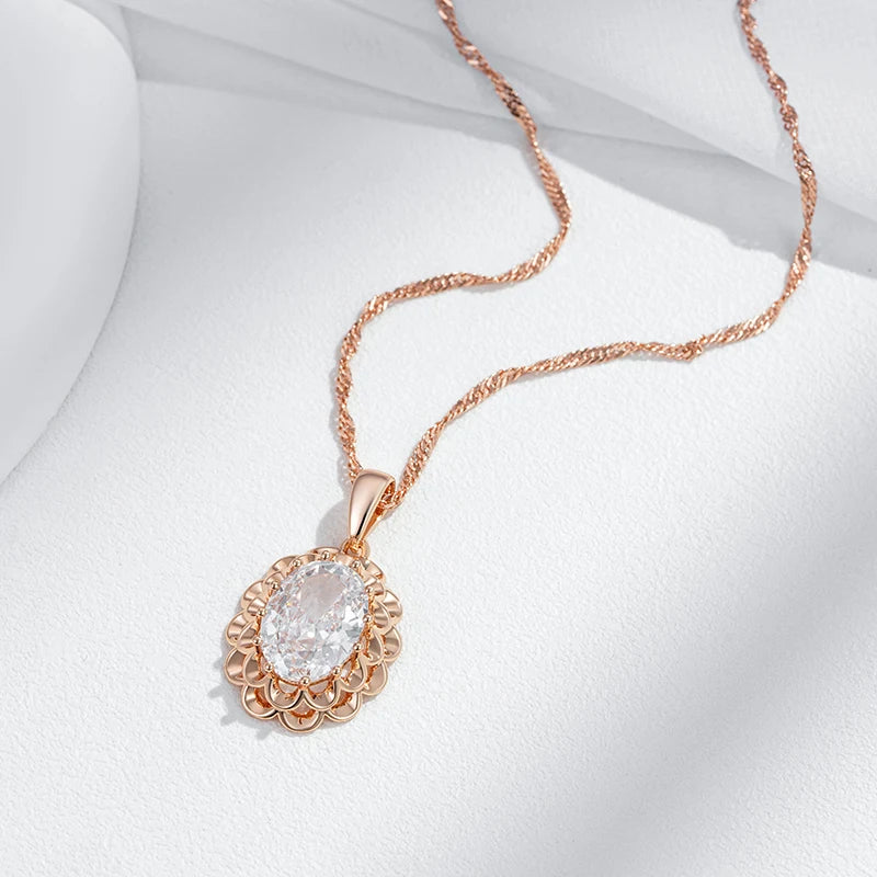 585 Rose Gold Color Crystal Flower Pendant Necklace