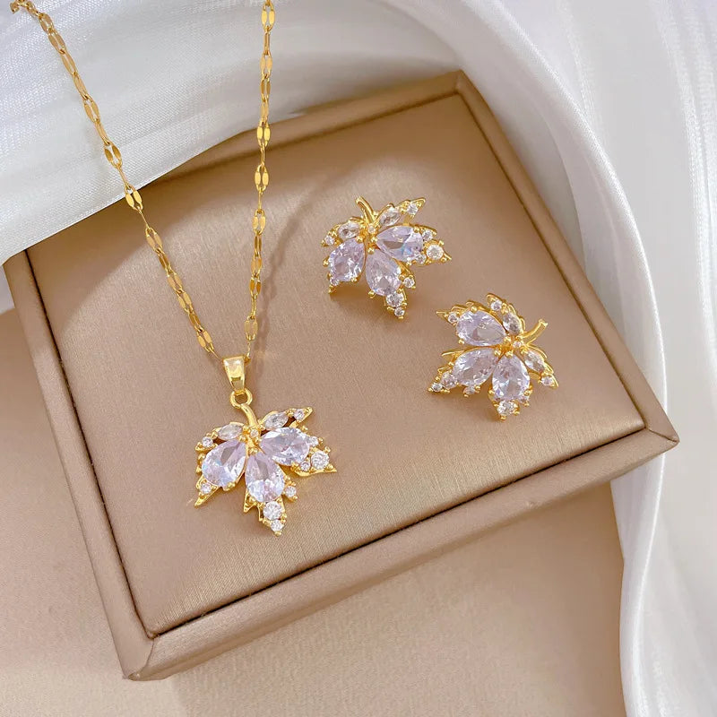 Luxury Shiny Zircon Maple Leaf Jewelry Set