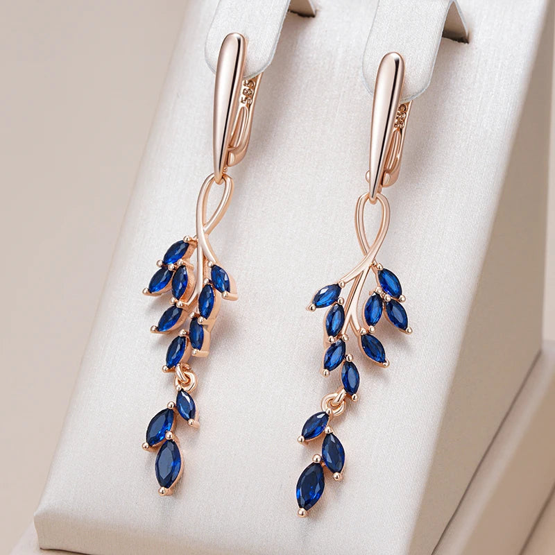 Natural Zircon Leaf Shape Long Dangle Earrings