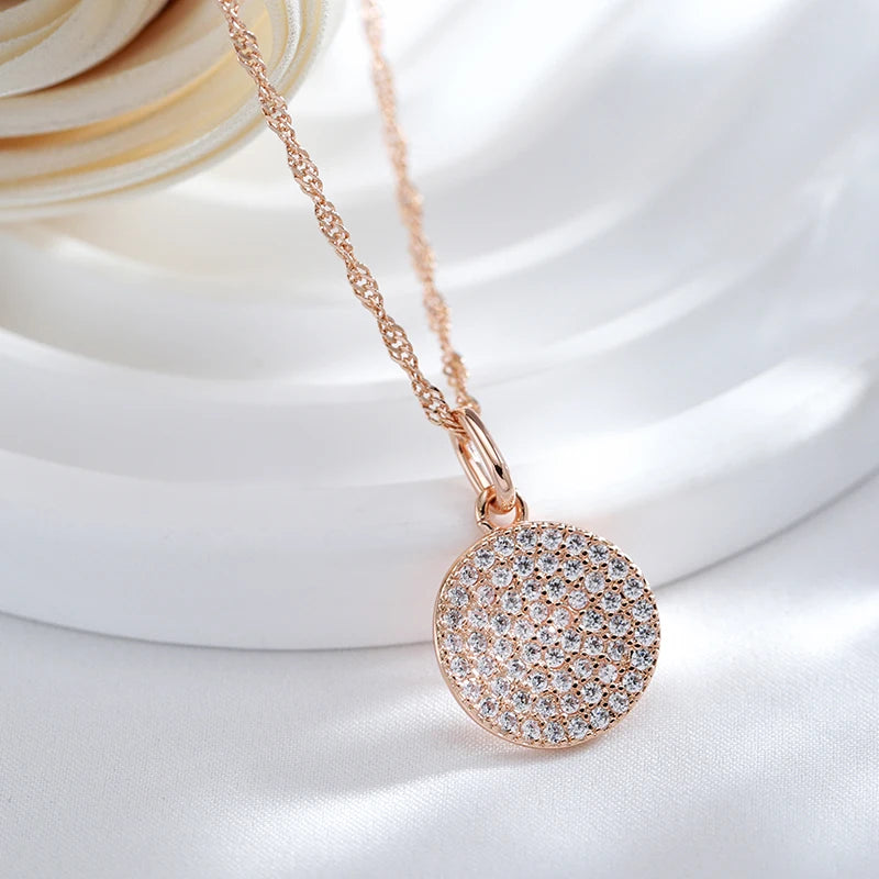 Full White Zircon Coin Round Pendant Gold Color Wave Chain Necklace