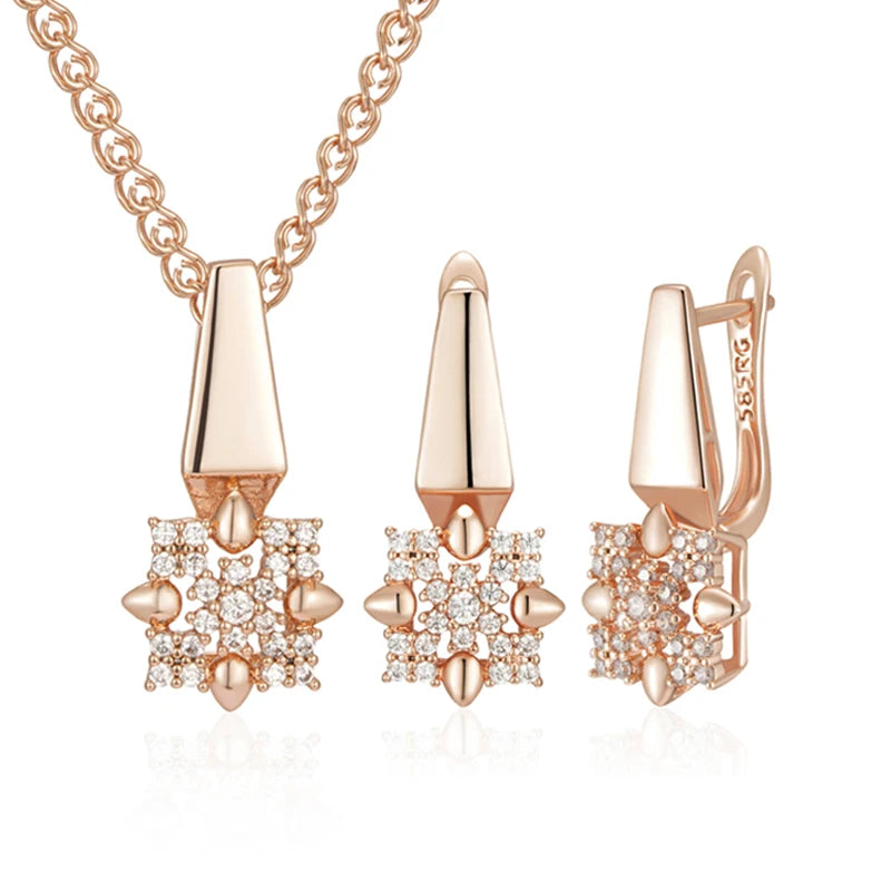 585 Rose Gold Color Crystal Flower Drop Jewelry Sets