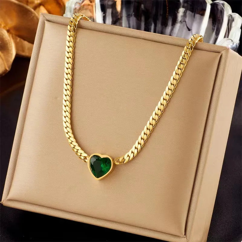 Stainless Steel Heart-Shaped Green White Crystal Pendant Set