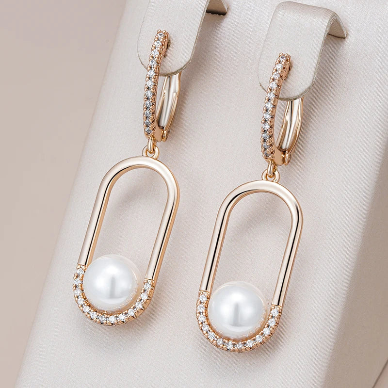 Luxury  Rose Gold Pearl Long Drop Earrings