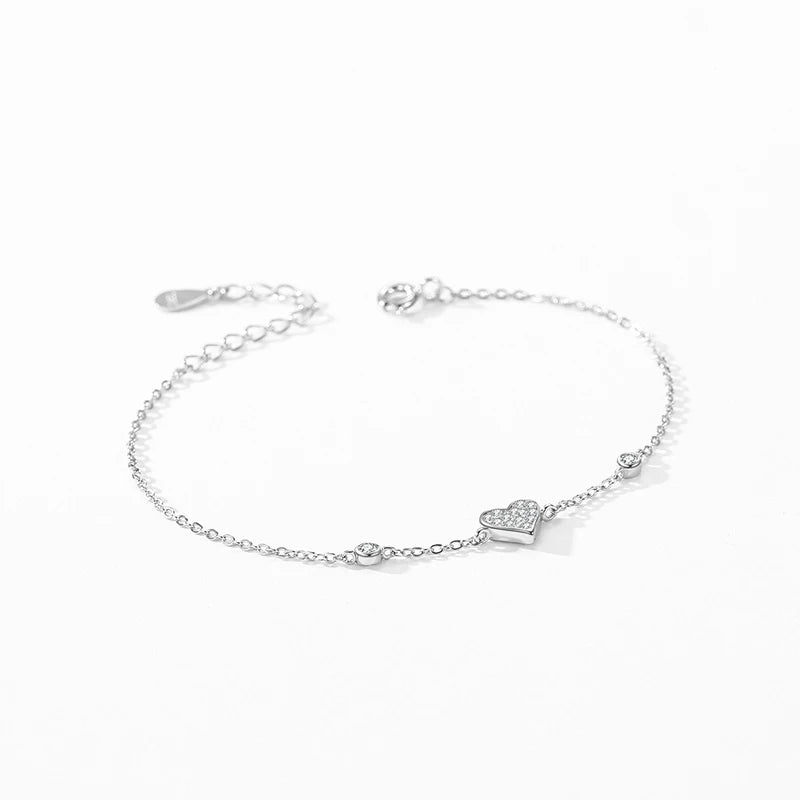 925 Sterling Silver Sweet  Heart Zircon Link Chain Bracelet