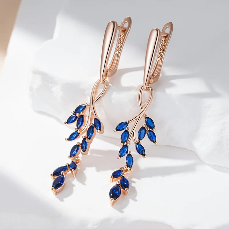 Natural Zircon Leaf Shape Long Dangle Earrings