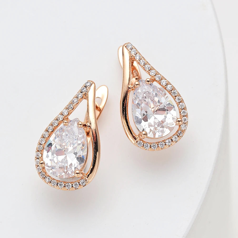 Crystal Zircon Earrings Luxury Inlaid Rhinestones Copper Rose Gold Color