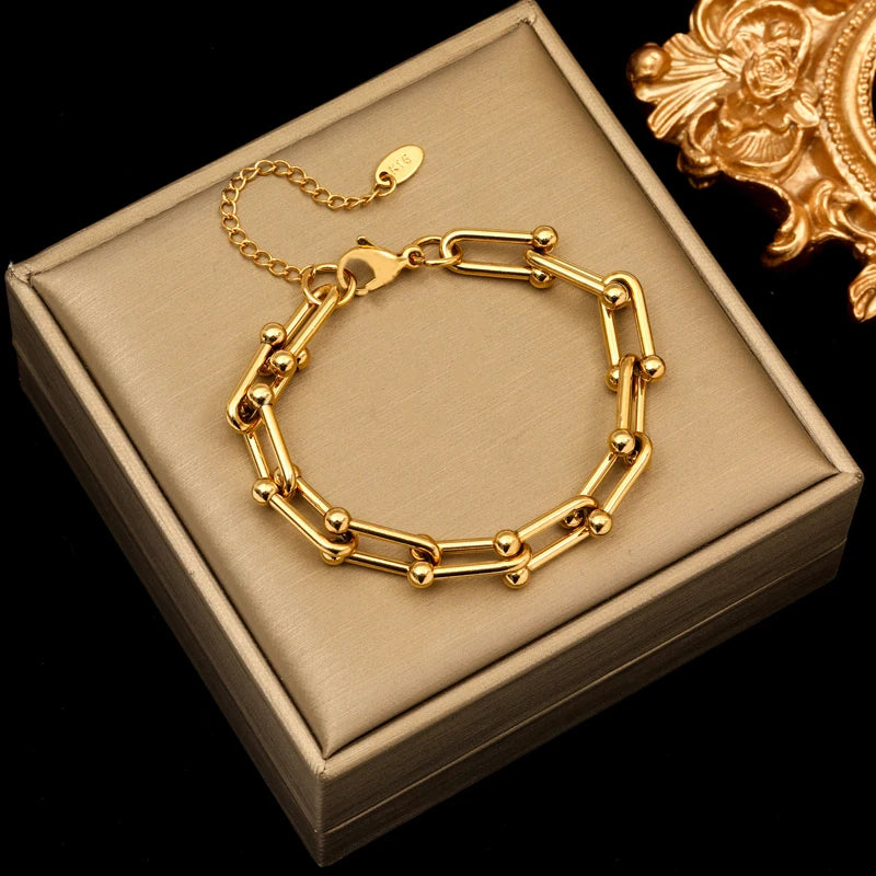 Stainless Steel Gold Color Thick Chain Necklace Bracelet