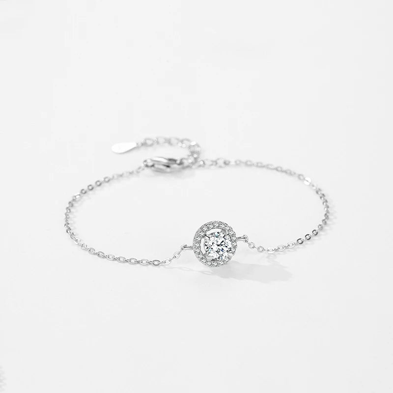 925 Sterling Silver Round Sparkling CZ Link Chain Charm Bracelet