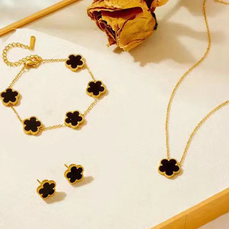 Stainless steel plum blossom plant five leaf jewelry set