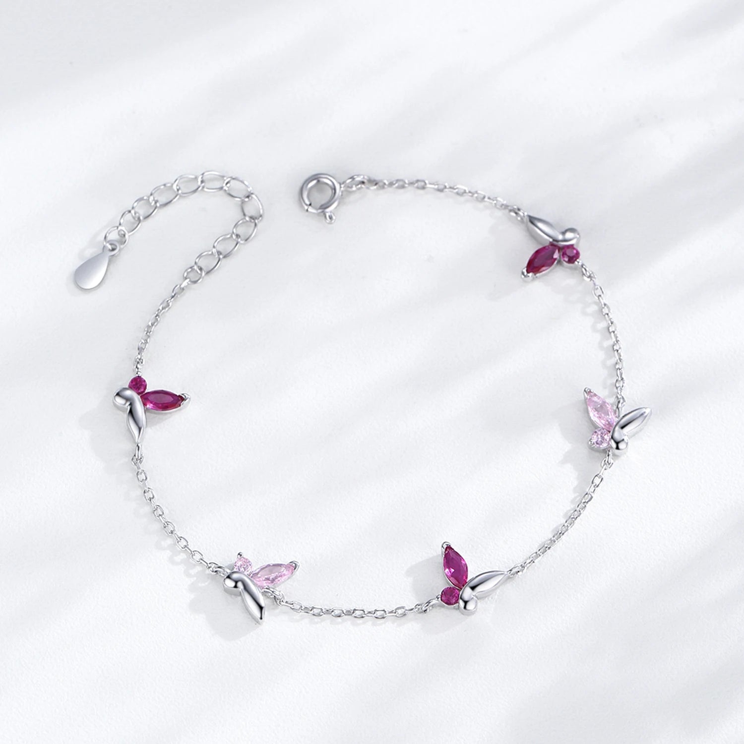 925 Sterling Silver Shiny Pink Zircon Butterfly Chain Bracelet