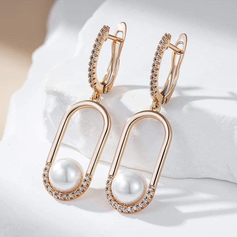 Luxury  Rose Gold Pearl Long Drop Earrings