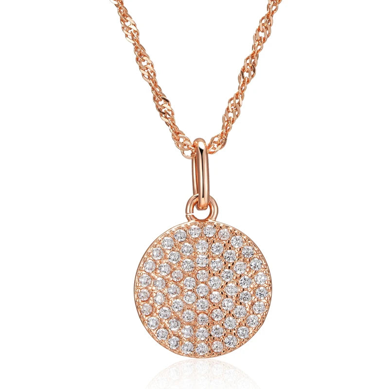 Full White Zircon Coin Round Pendant Gold Color Wave Chain Necklace