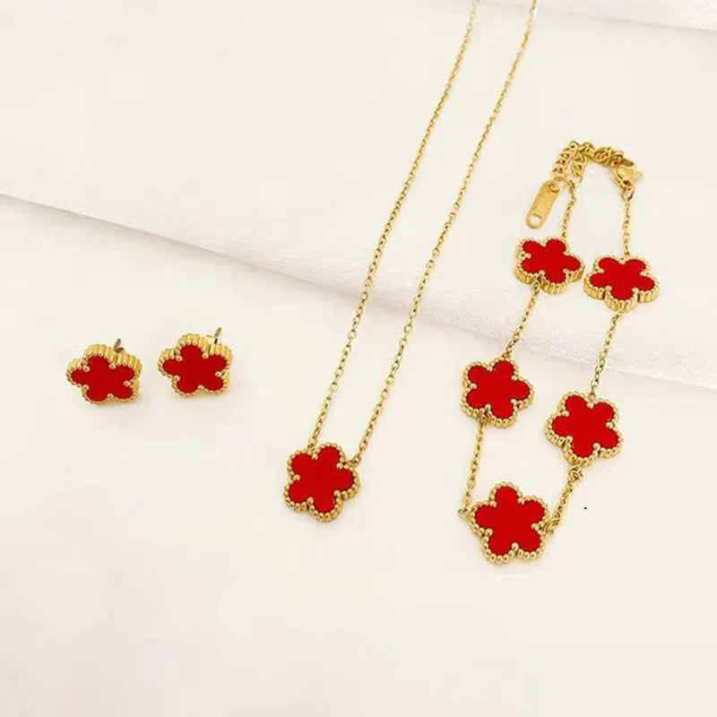 Stainless steel plum blossom plant five leaf jewelry set