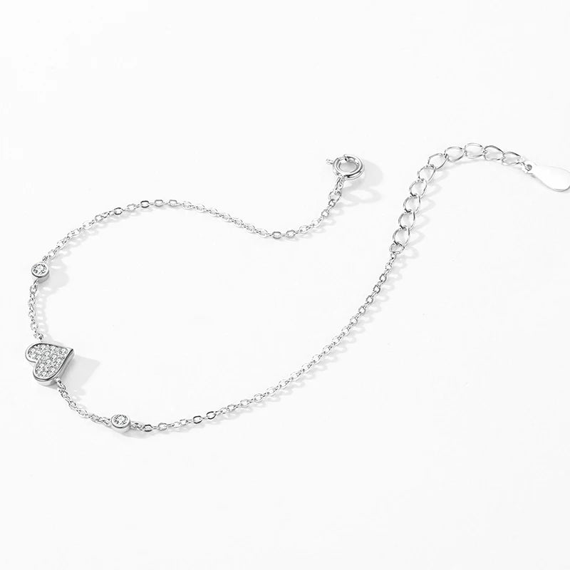 925 Sterling Silver Sweet  Heart Zircon Link Chain Bracelet