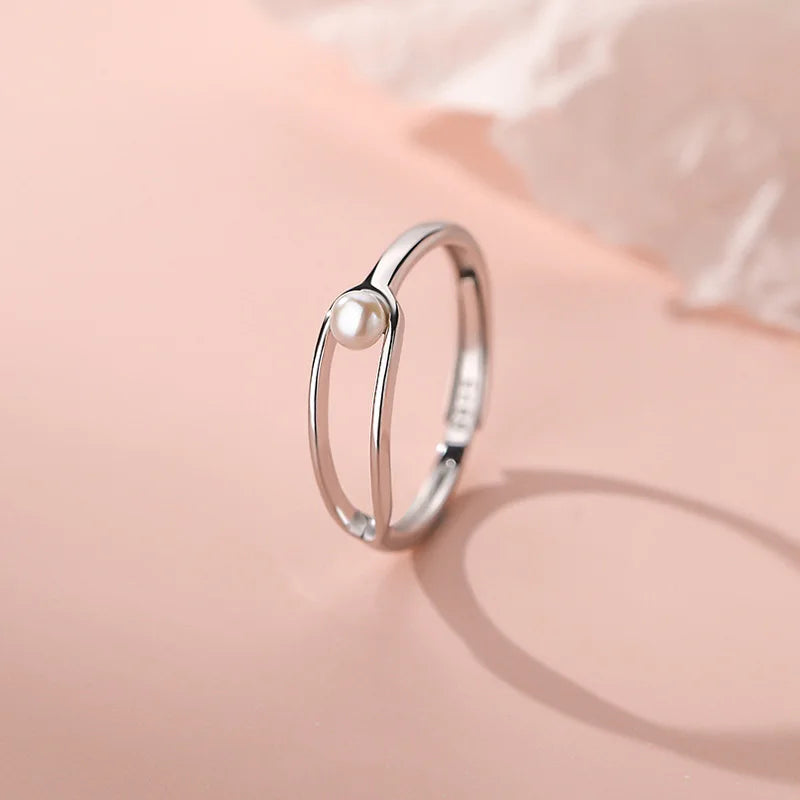 925 Sterling Silver Pearl Geometric Adjustable Ring