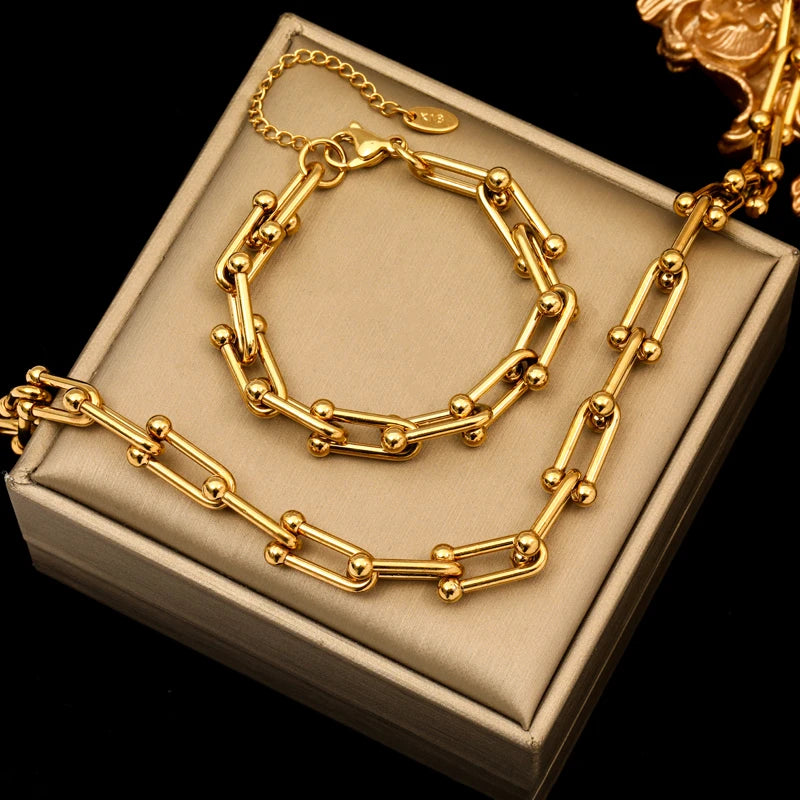 Stainless Steel Gold Color Thick Chain Necklace Bracelet