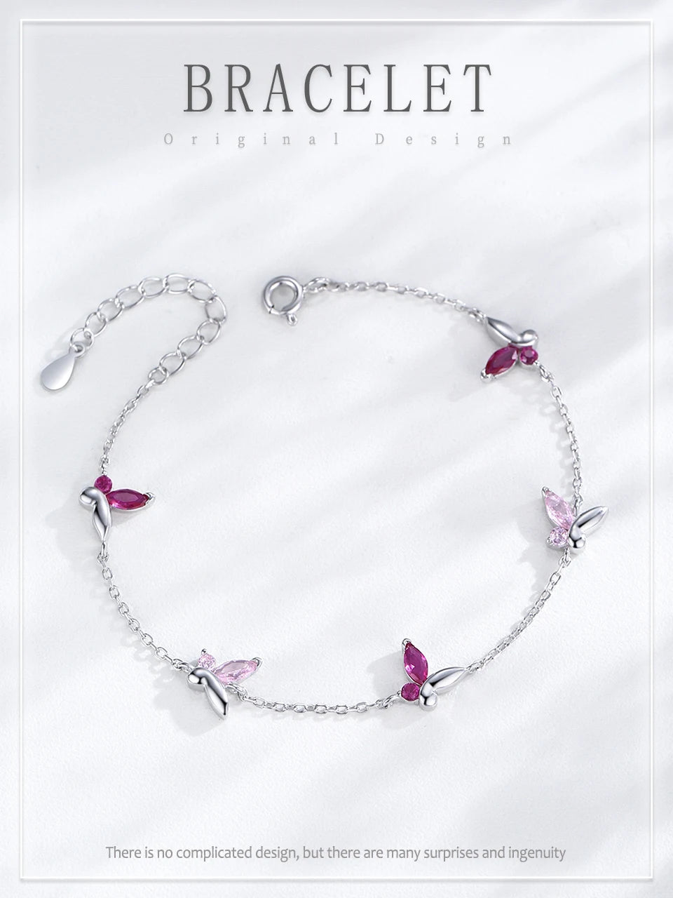 925 Sterling Silver Shiny Pink Zircon Butterfly Chain Bracelet