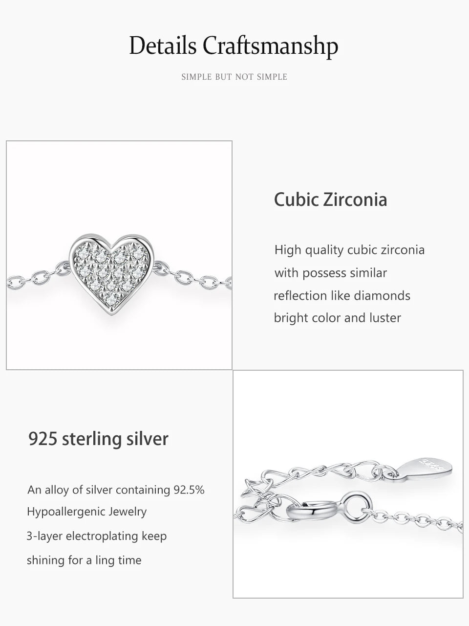 925 Sterling Silver Sweet  Heart Zircon Link Chain Bracelet