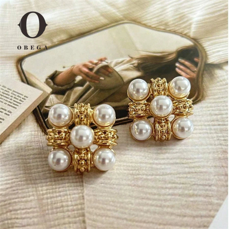 Obega Square Shape Imitation Pearl Tiny Earrings